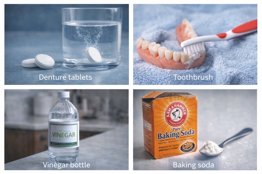 A four panel image showing denture tablets, a toothbrush cleaning dentures, a vinegar bottle, and baking soda