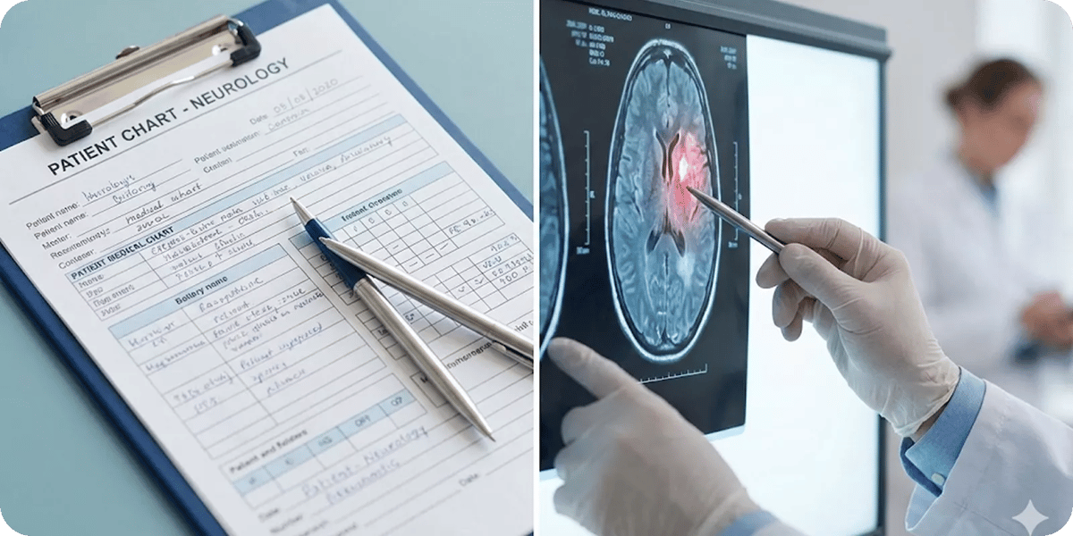 A neurology patient chart next to a doctor pointing at a brain scan