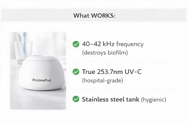 Image of the PristinePod device with a list of its features, frequency, UV-C, and stainless steel tank