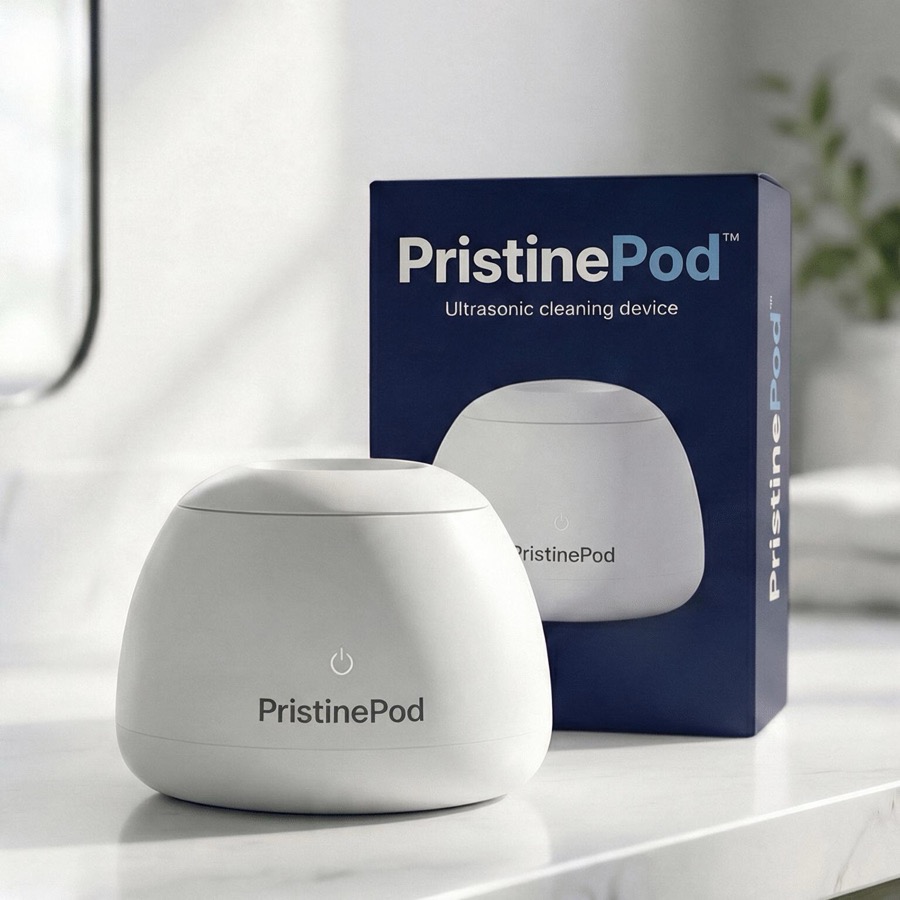 A white PristinePod ultrasonic cleaning device sits on a marble countertop in front of its packaging