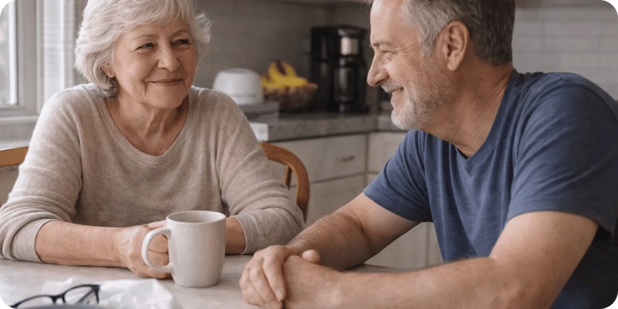 An older man and woman are smiling and talking at a kitchen table, the woman is holding a mug